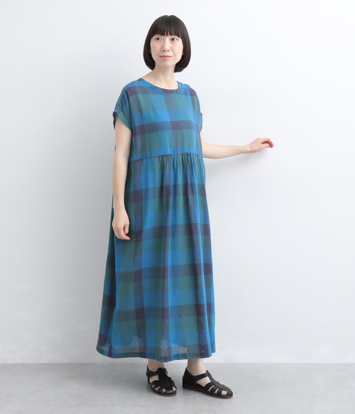 コットンリネンガーゼブロックチェック2wayワンピース(ブルー-M)
