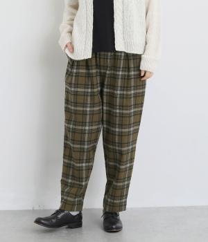 コットンリネン平織起毛テーパードパンツ（チェック・カーキ・M）