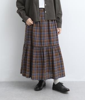 コットン平織チェック柄　切替スカート(ブラウン×ライトブルー-M)