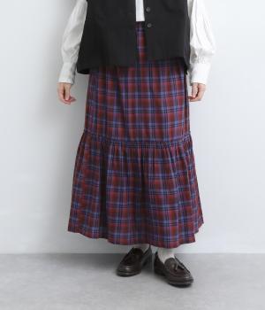 コットン平織チェック柄　切替スカート(ボルドー×ブルー-M)