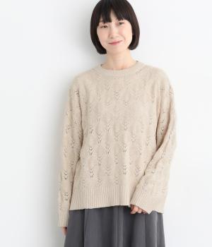 コットンスラブ透かし編み柄プルオーバー（ラテホワイト・M）