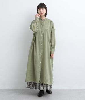 コットンテンセル平織　シャツワンピース(ドライグリーン-M)