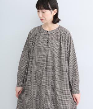 コットンリネン平織　ラグランワンピース(グレンチェック-M)