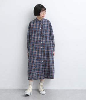 コットン平織チェック柄　フリルワンピース(ネイビー×ピンク-M)