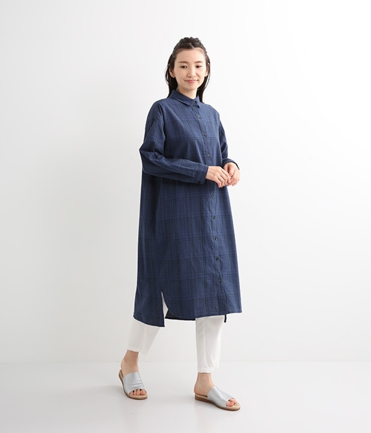 チェックジャーナル前開きワンピース(ネイビー-ONESIZE)