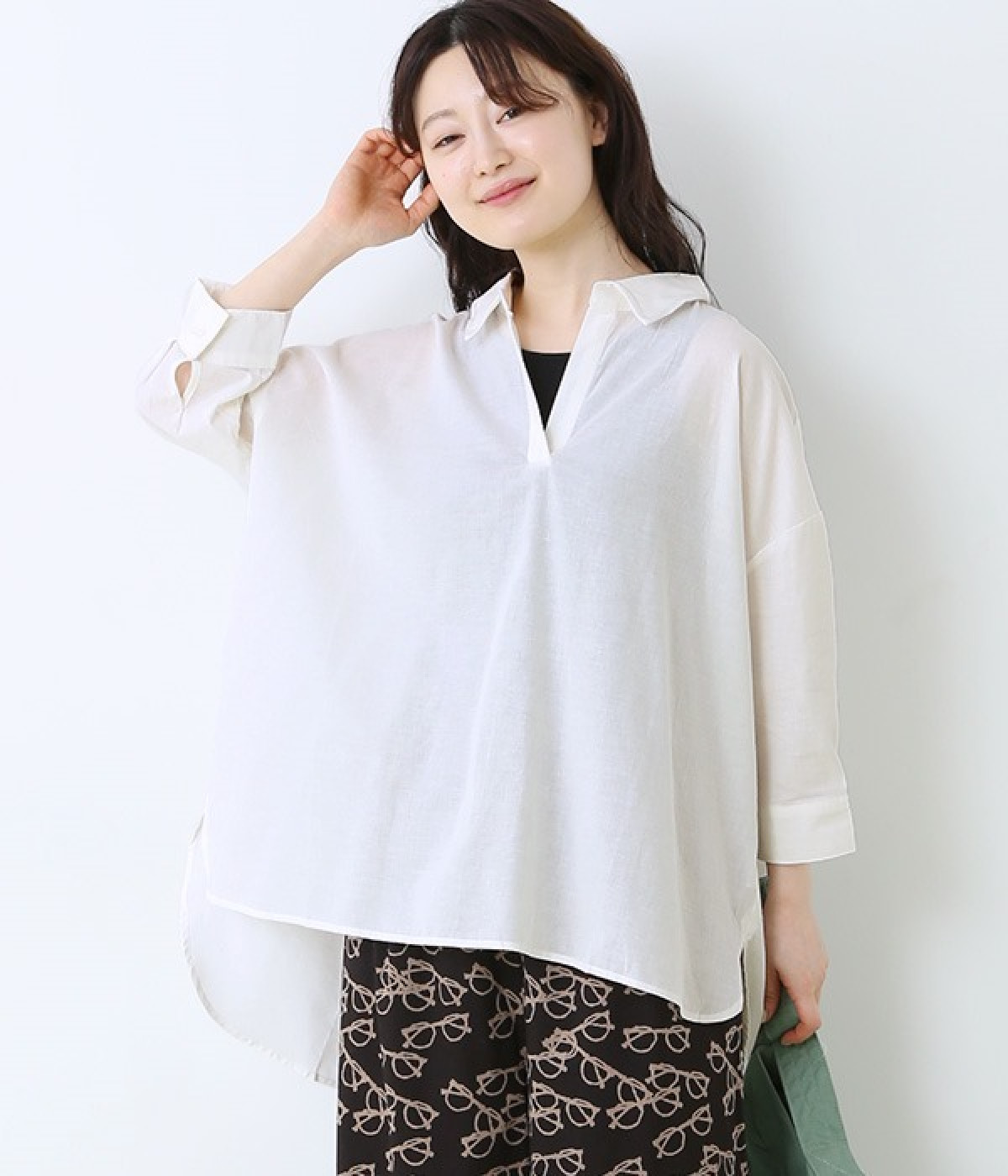 コットンリネンチュニック(ホワイト-ONESIZE)