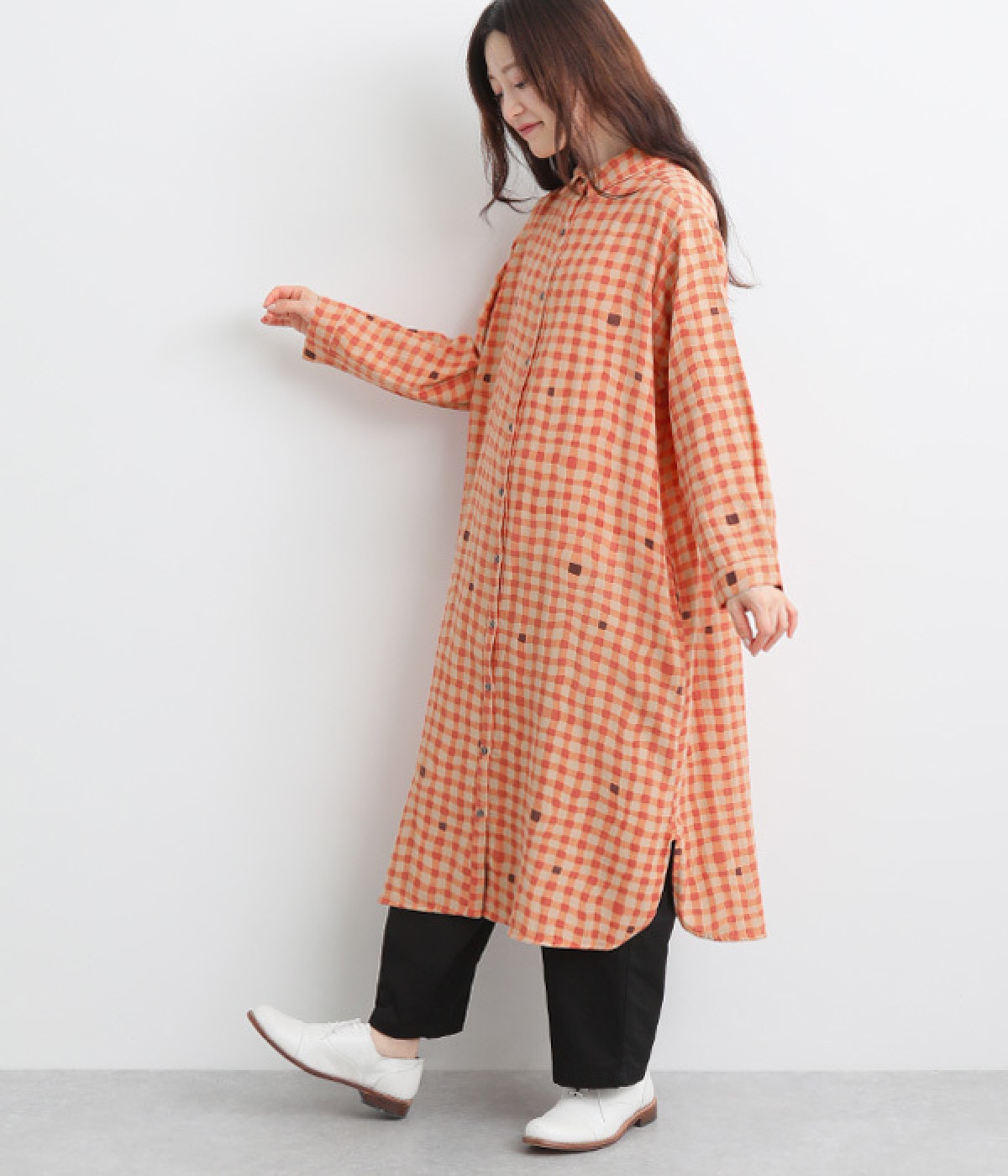 ブロックチェックシャツワンピース(オレンジ-ONESIZE)