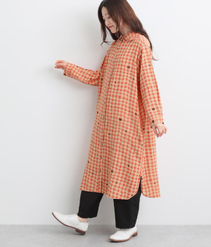ブロックチェックシャツワンピース(オレンジ-ONESIZE)