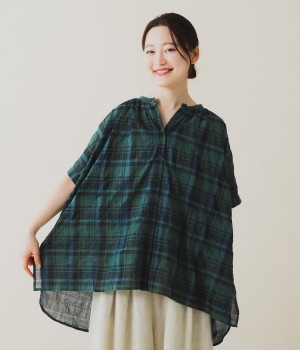 シャーリングボイル前開きチュニック(グリーンチェック-ONESIZE)