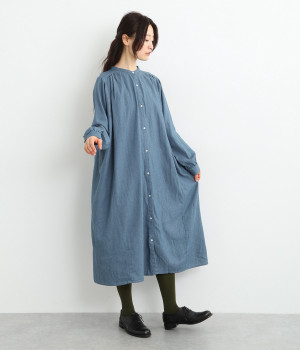 ソフトデニム前開きギャザーワンピース(ブルー-ONESIZE)