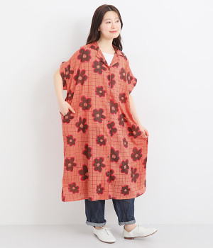 グリッドフラワー半袖前開きワンピース(レッド-ONESIZE)