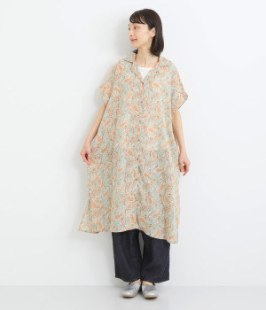 ペイズリー半袖前開きワンピース(グリーン-ONESIZE)