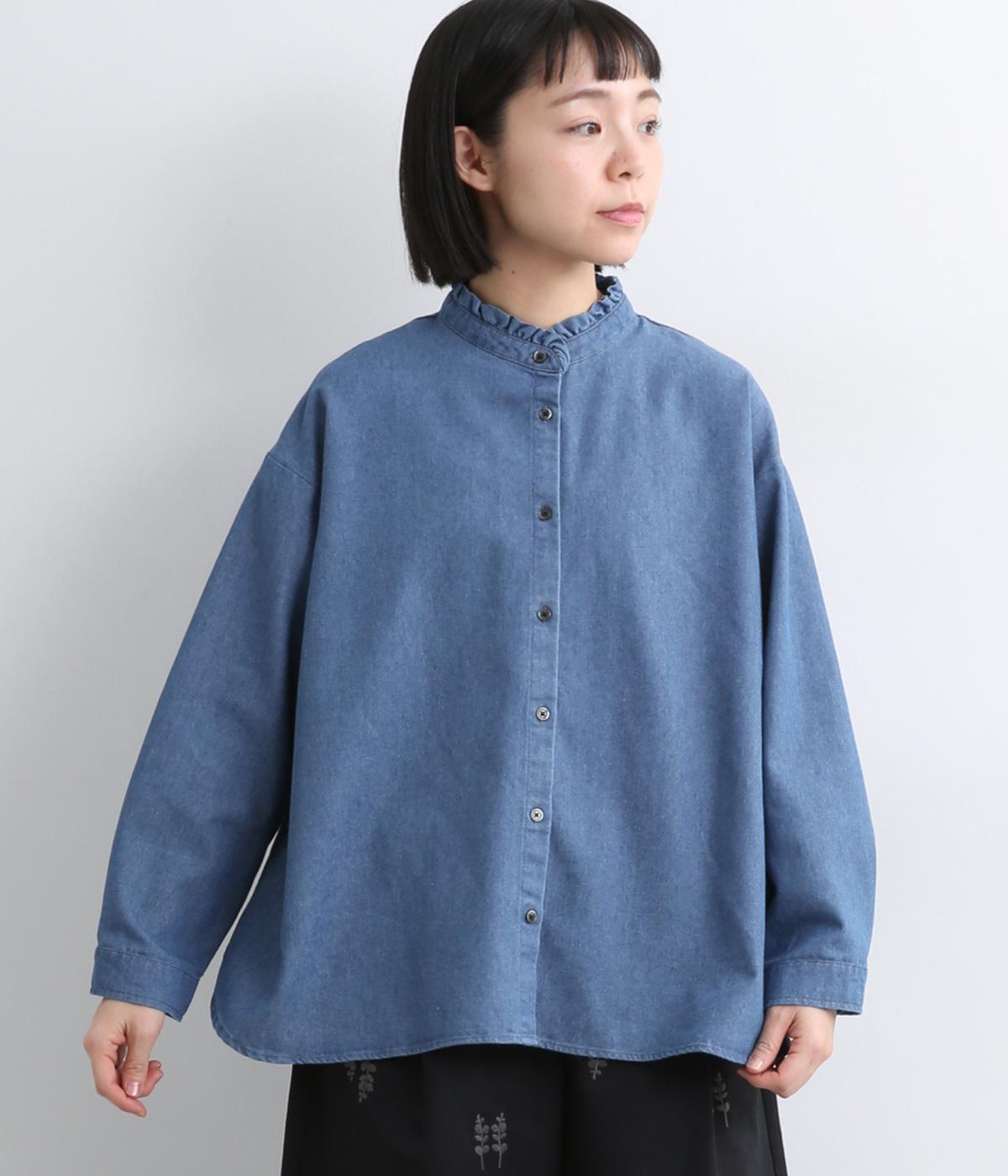 フレイデニムスタンド前開きブラウス(ブルー-F)