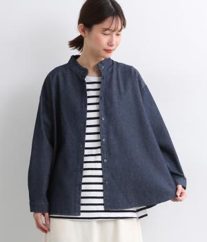 フレイデニムスタンド前開きブラウス(ダークブルー-F)