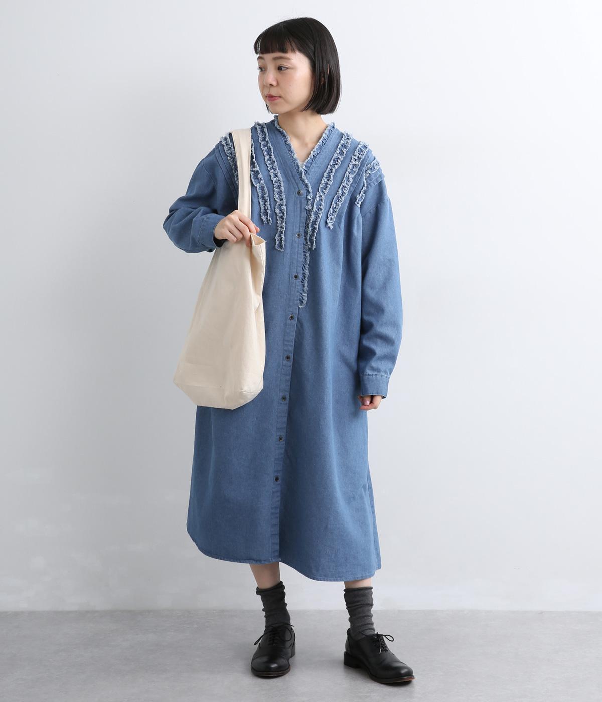 フレイデニムフリル付ワンピース(ブルー-F)