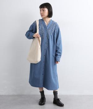 フレイデニムフリル付ワンピース(ブルー-F)