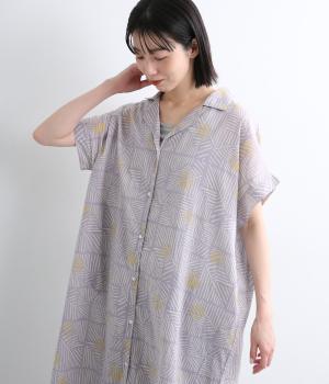 ボールストライプ半袖前開きワンピース(ライトグレー-F)
