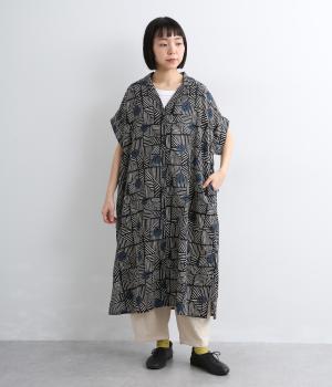 ボールストライプ半袖前開きワンピース(ブラック-F)