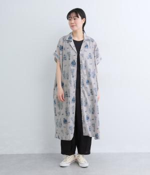 トワルドインド半袖前開きワンピース(ライトグレー-F)