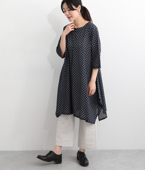 ドット裾変形サイドスリットAラインチュニック(ネイビー-ONESIZE)