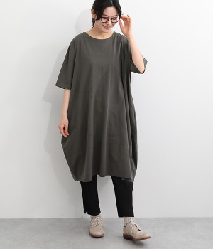 コットン5分袖コクーンワンピース(グレー-ONESIZE)