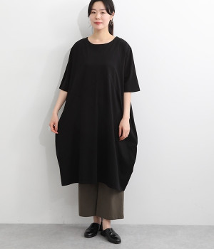 コットン5分袖コクーンワンピース(ブラック-ONESIZE)