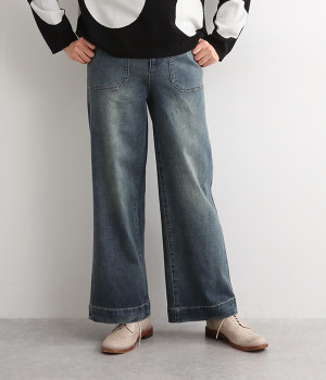 デニムウエストゴムワイドパンツ(ブルー-M)