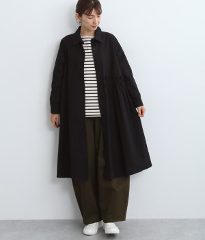 ウエストギャザー前開きワンピース(ブラック-ONESIZE)