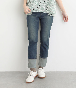 ウエストゴム裾切替ストレッチデニムパンツ(ブルー-L)