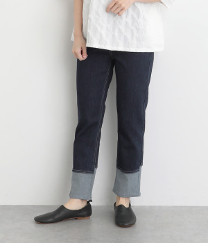 ウエストゴム裾切替ストレッチデニムパンツ(ネイビー-L)