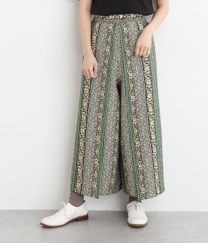 ウエストゴムエスニックプリントラップワイドパンツ(グリーン-ONESIZE)