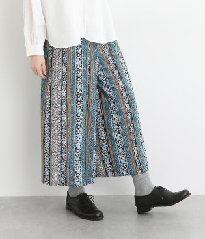 ウエストゴムエスニックプリントラップワイドパンツ(ブルー-ONESIZE)