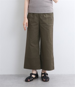 ストレッチ裾切替ステッチワークワイドパンツ(カーキ-L)