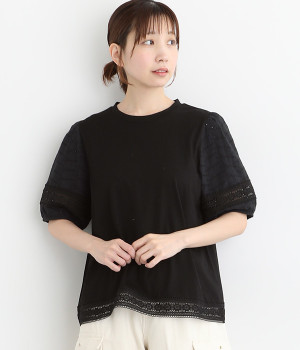 袖裾レース切替半袖カットソー(ブラック-ONESIZE)