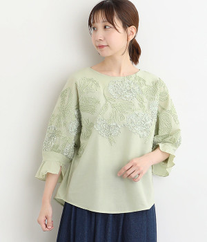コード刺繍ドルマンブラウス(グリーン-ONESIZE)
