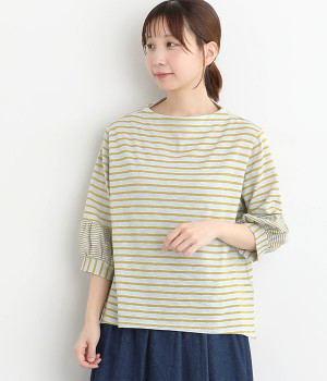 ボーダー切替バルーン袖ボトルネックカットソー(イエロー-ONESIZE)