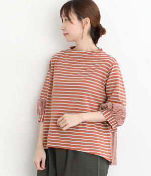 ボーダー切替バルーン袖ボトルネックカットソー(オレンジ-ONESIZE)