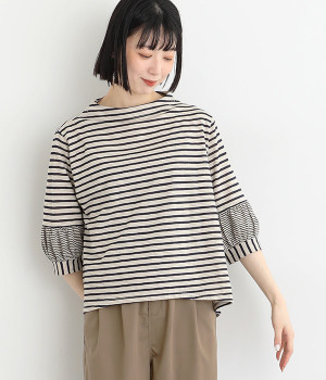 ボーダー切替バルーン袖ボトルネックカットソー(ベージュ-ONESIZE)