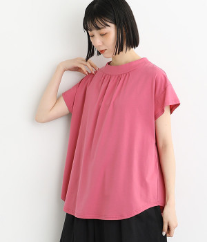 コットンフレンチスリーブギャザーTシャツ(ピンク-ONESIZE)