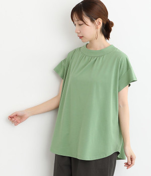 コットンフレンチスリーブギャザーTシャツ(グリーン-ONESIZE)