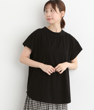 コットンフレンチスリーブギャザーTシャツ(ブラック-ONESIZE)