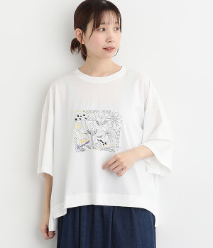 刺繍ワイドTシャツ(ホワイト-ONESIZE)