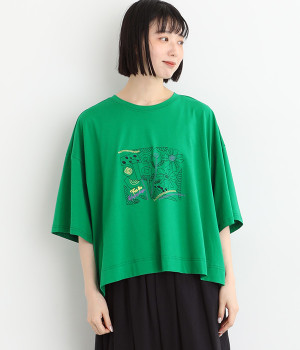 刺繍ワイドTシャツ(グリーン-ONESIZE)