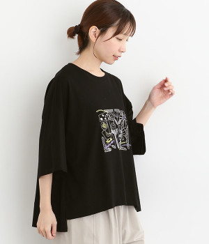 刺繍ワイドTシャツ(ブラック-ONESIZE)