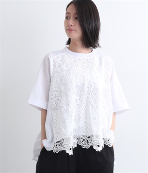 花レース5分袖バンドカラーフレアワイドブラウス(ホワイト-ONESIZE)