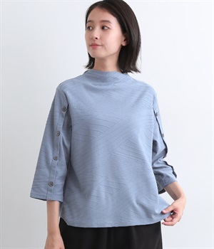 袖ボタンランダムピンタックカットソー(ブルー-ONESIZE)