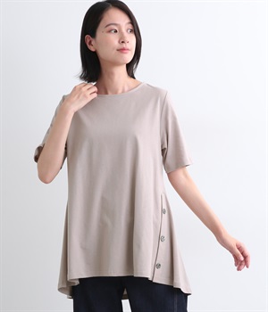 コットンサイドボタン切替5分袖AラインTシャツ(グレー-ONESIZE)