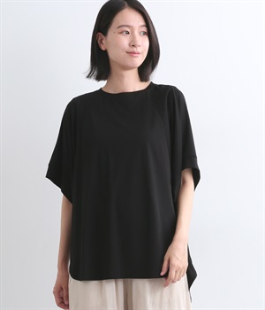 コットンラグラン切替ドルマン袖フィッシュテールカットソー(ブラック-ONESIZE)
