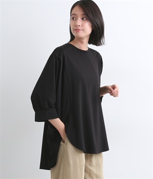 異素材切替ドルマンスリーブワイドカットソー(ブラック-ONESIZE)