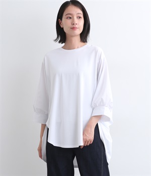 異素材切替ドルマンスリーブワイドカットソー(ホワイト-ONESIZE)